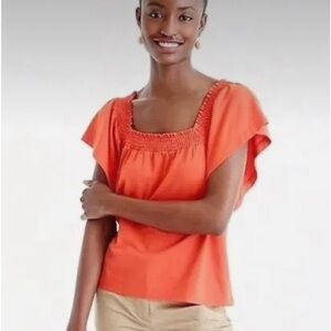 J Crew xs bright orange flutter sleeve smocked square neck flowy top